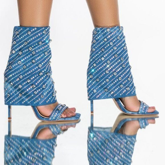 Callie Denim Diamond Drape: Bling Rhinestone Covered Stiletto Blue Jean Sandal - Picture 6 of 7